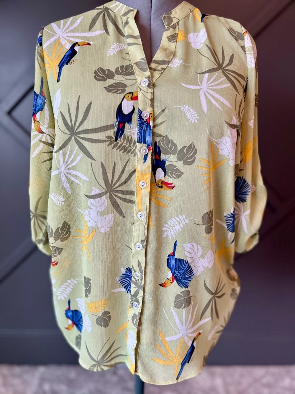 Women's semi-sheer blouse with toucan pattern